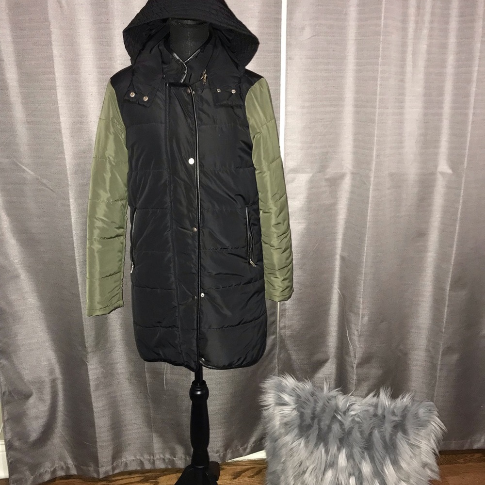 Color block coat.  Hunter green and black